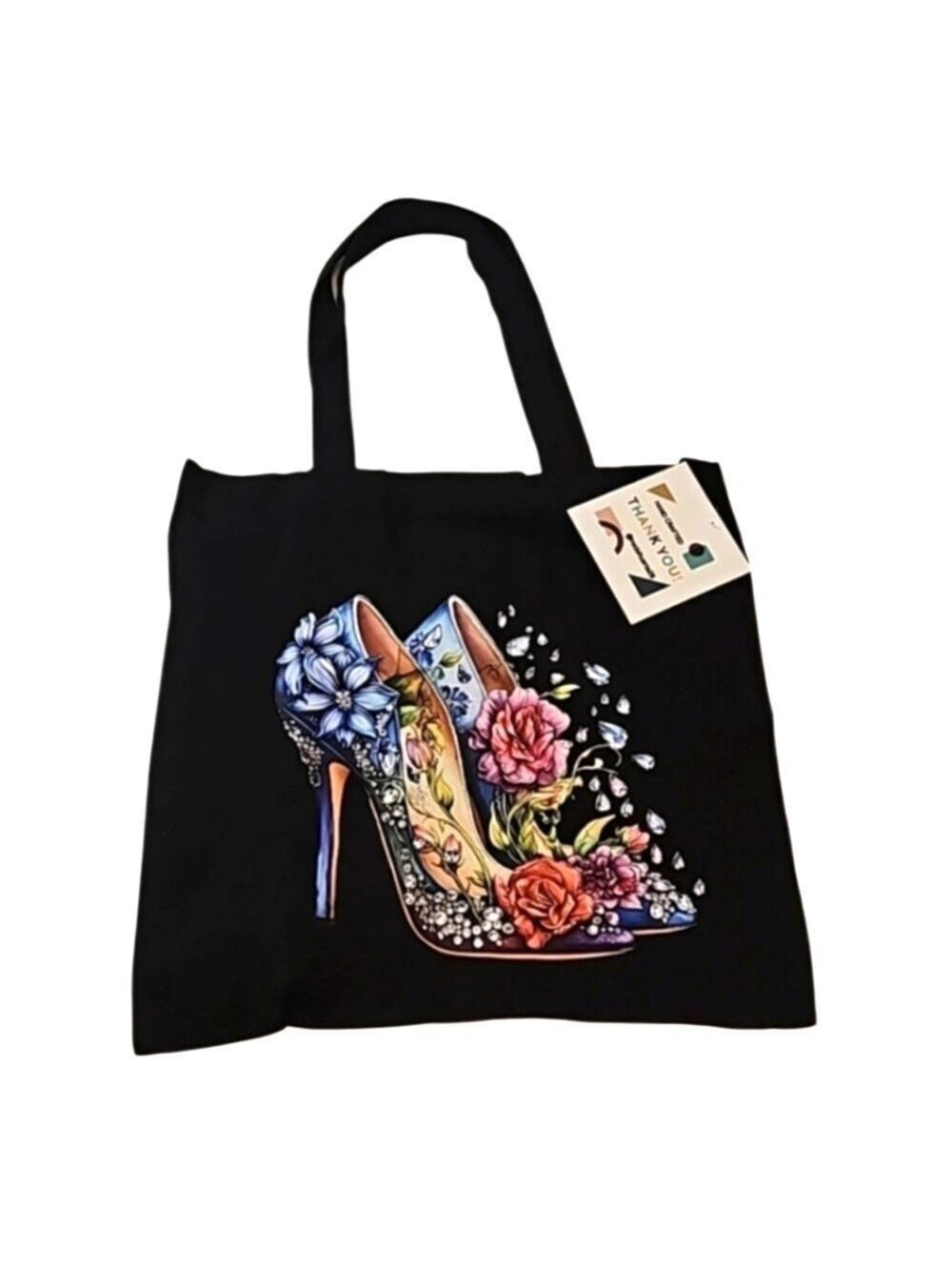 Hand Crafted Reusable Black Canvas Tote Bag 100% Cotton Floral Blue Heels 13x13"